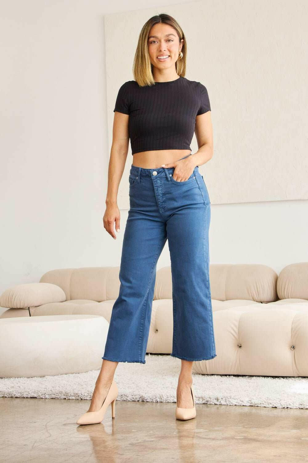 RFM 'Chloe' Tummy Control High Waist Raw Hem Cropped Jeans - Full Size - The Rogue Daisy